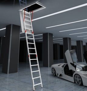 A fold down ladder with integrated access hatch provides internal access to the space above the ceiling