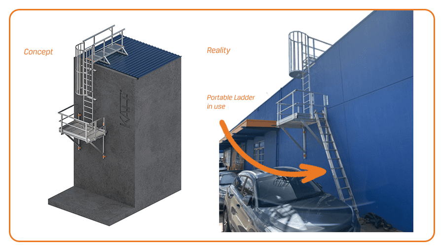 Comparison betweensuspended vertical cage ladders concept image and the finalised installation completed by Anchor Safe