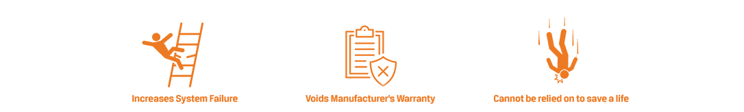 Infographic depicting the issues with mixed component height safety systems including; Increases System Failure, Voids Manufacturer's Warranty and Cannot be relied on to save a life.
